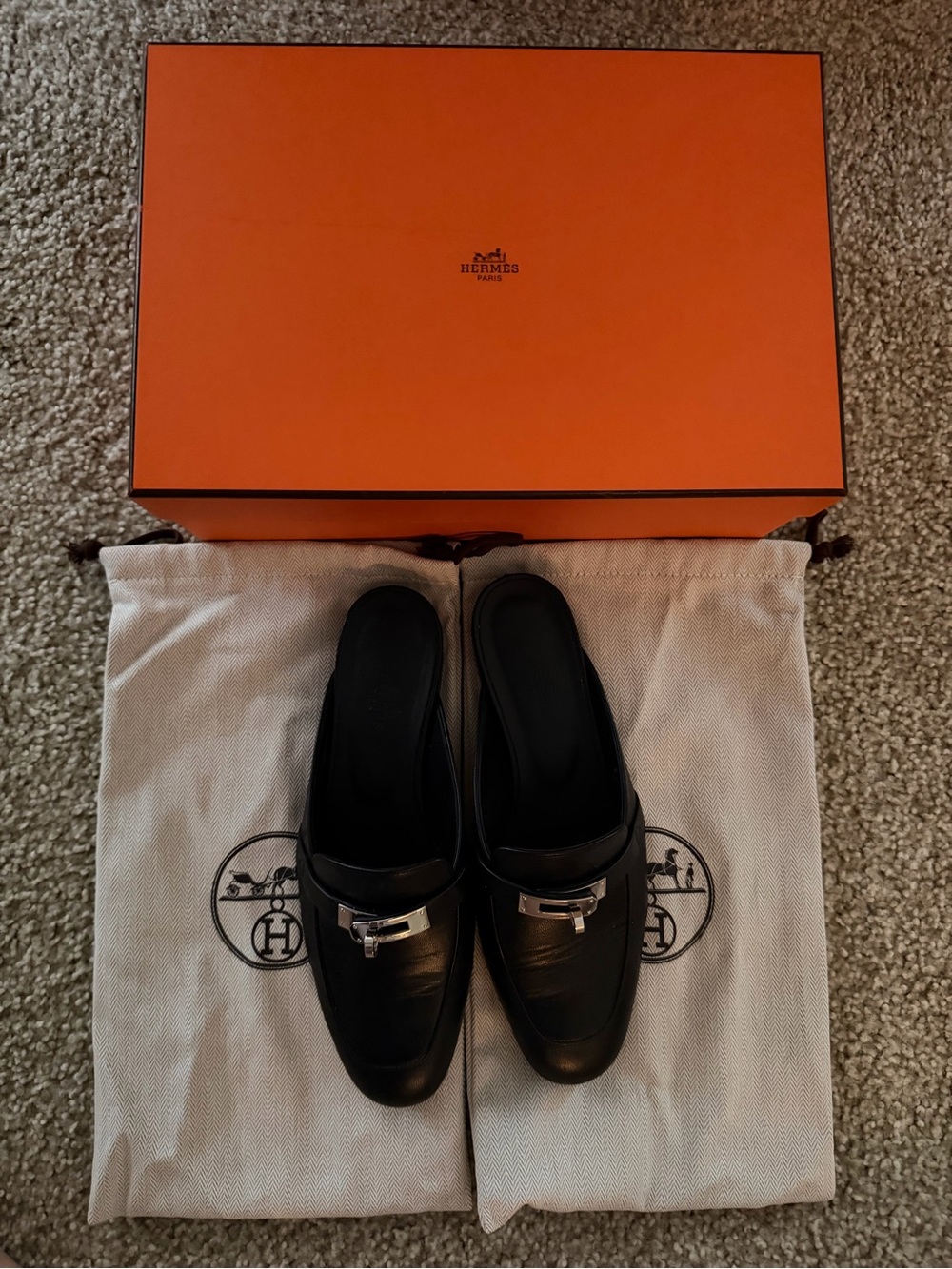 Hermes Black Leather Mule with Silver Tone Buckle